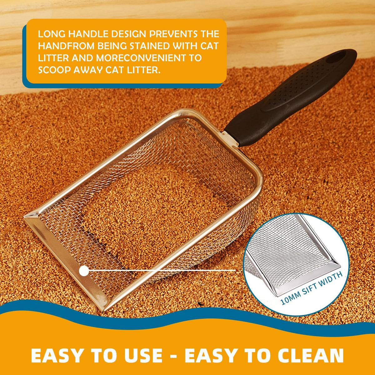 Cat Litter Scoop Stainless Steel Mesh Scooper Long Handle Deep Shovel - Hole:5mm/Regular Cat Litter Scoop - image 3