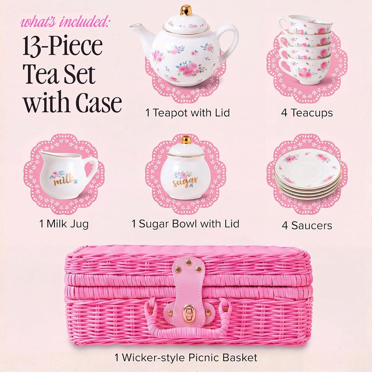 Giggle & Honey white floral tea party set for girls with porcelain teapot, cups and carrying case - view 13