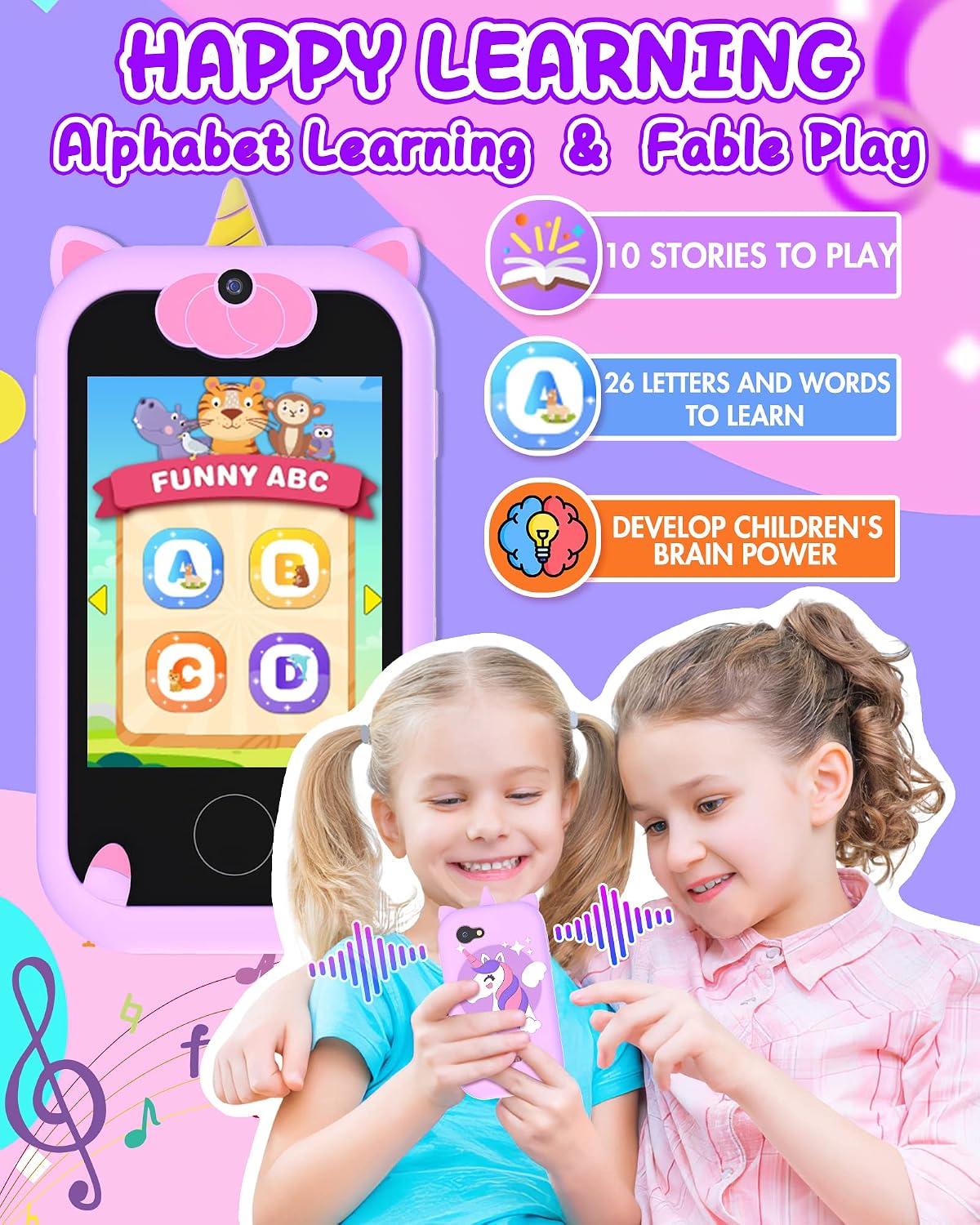 Joozfee kids smart phone toy in pink with unicorn design, dual camera and lanyard - view 7