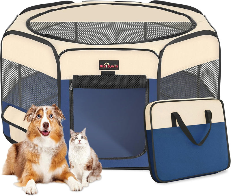 Aivituvin Dog Playpen, Foldable Pet Play Pens with Carrying Bag for Cat, Puppies, Rabbits, Portable - S / BLUE