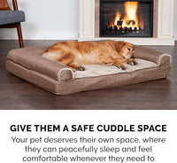Furhaven Cooling Gel Dog Bed for Medium/Small Dogs w/ Removable Bolsters & Washable Cover, For Dogs Up to 35 lbs - Luxe Faux Fur & Performance Linen Sofa - Woodsmoke, Medium