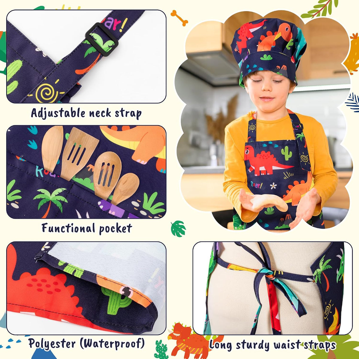4Pcs Kids Apron and Chef Hat Set Gift for Girls Boys - Dinosaurs - image 3
