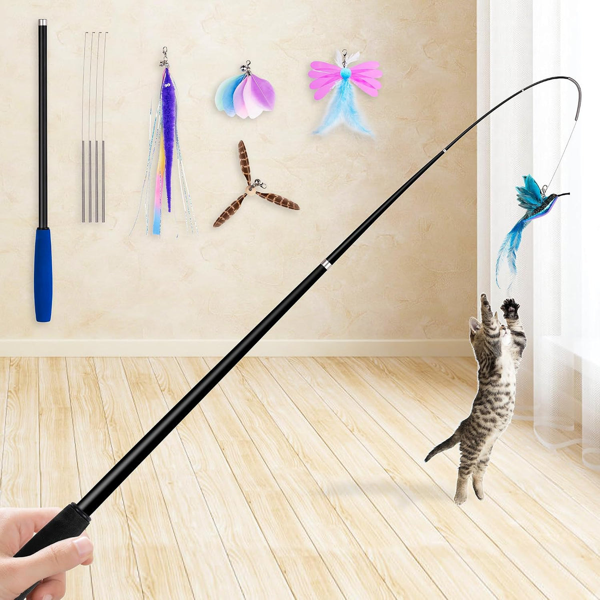 JXFUKAL Cat Toys - 2 in 1 Spring Cat Wand Toy with 2PCS Ultra-Long Cat Teaser, 4PCS Spring Steel - CAT WAND TOY SET