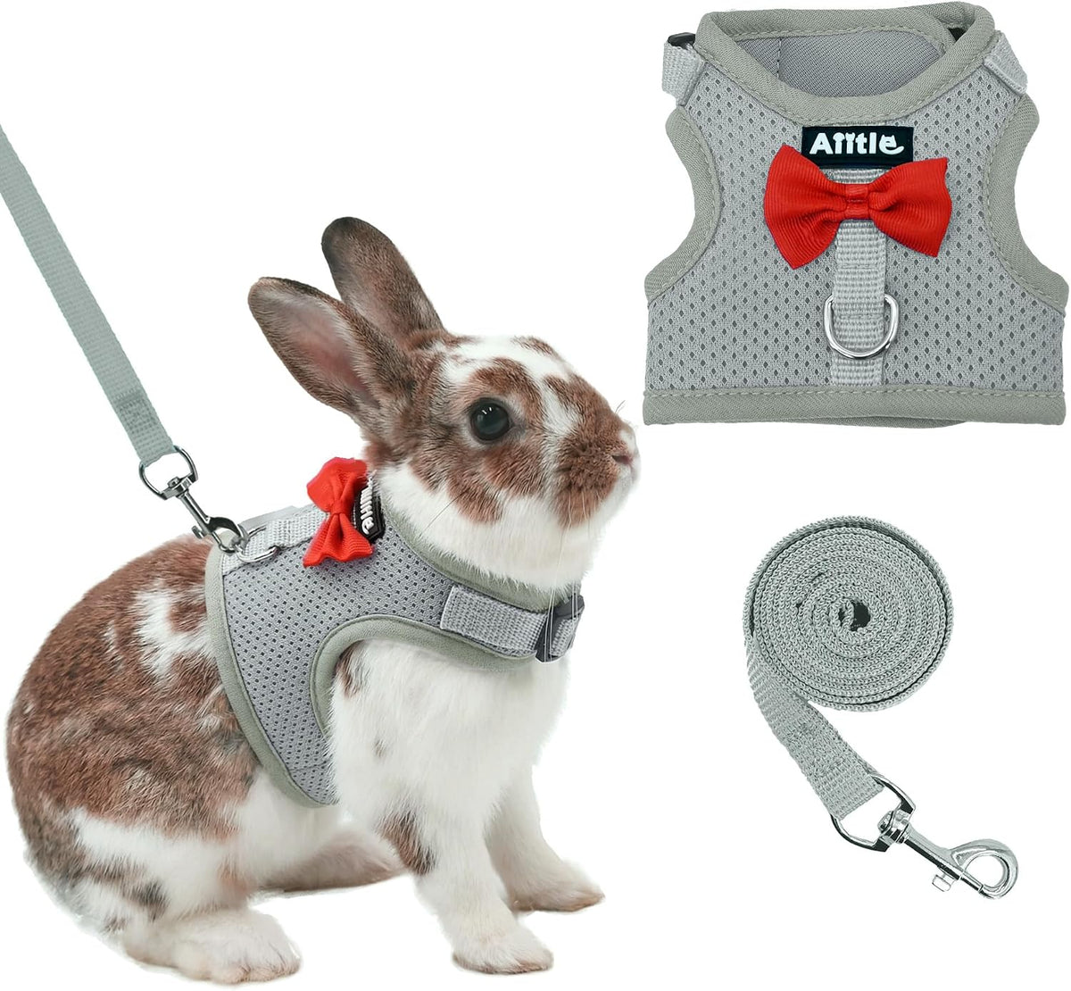 Breathable Bunny Harness and Leash Set with Cute Bow, Black S – Essentials for Small Pets - L / Grey