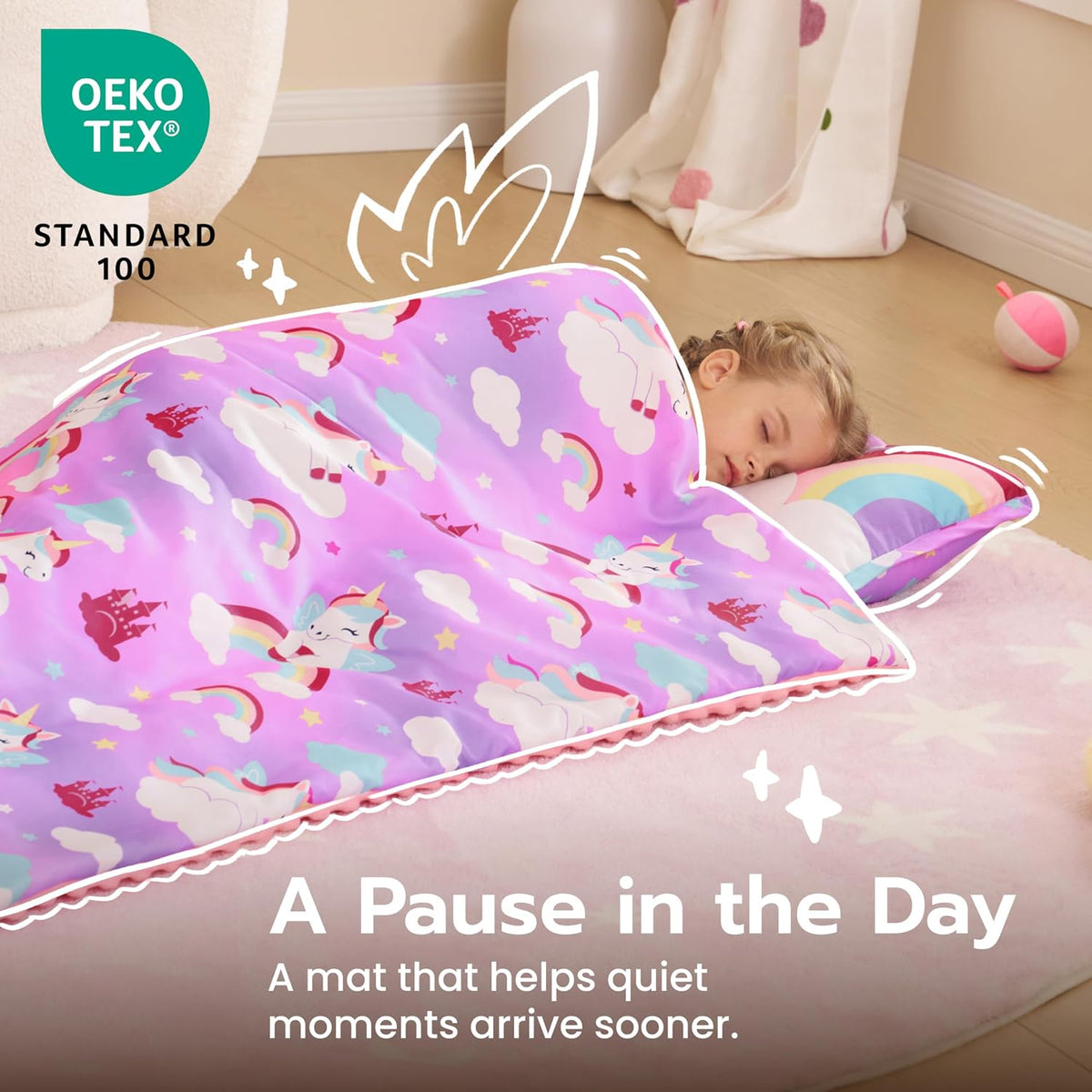 JOIEDOMI Toddler Nap Mat with Removable Pillow and Minky Blanket - Purple Unicorn - image 4