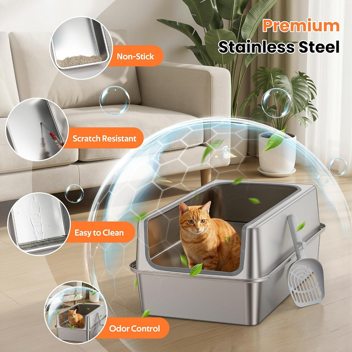 Stainless Steel Litter Box with Metal Lid and Scoop - XL-:22.8"x14.9"x9.8" - image 3