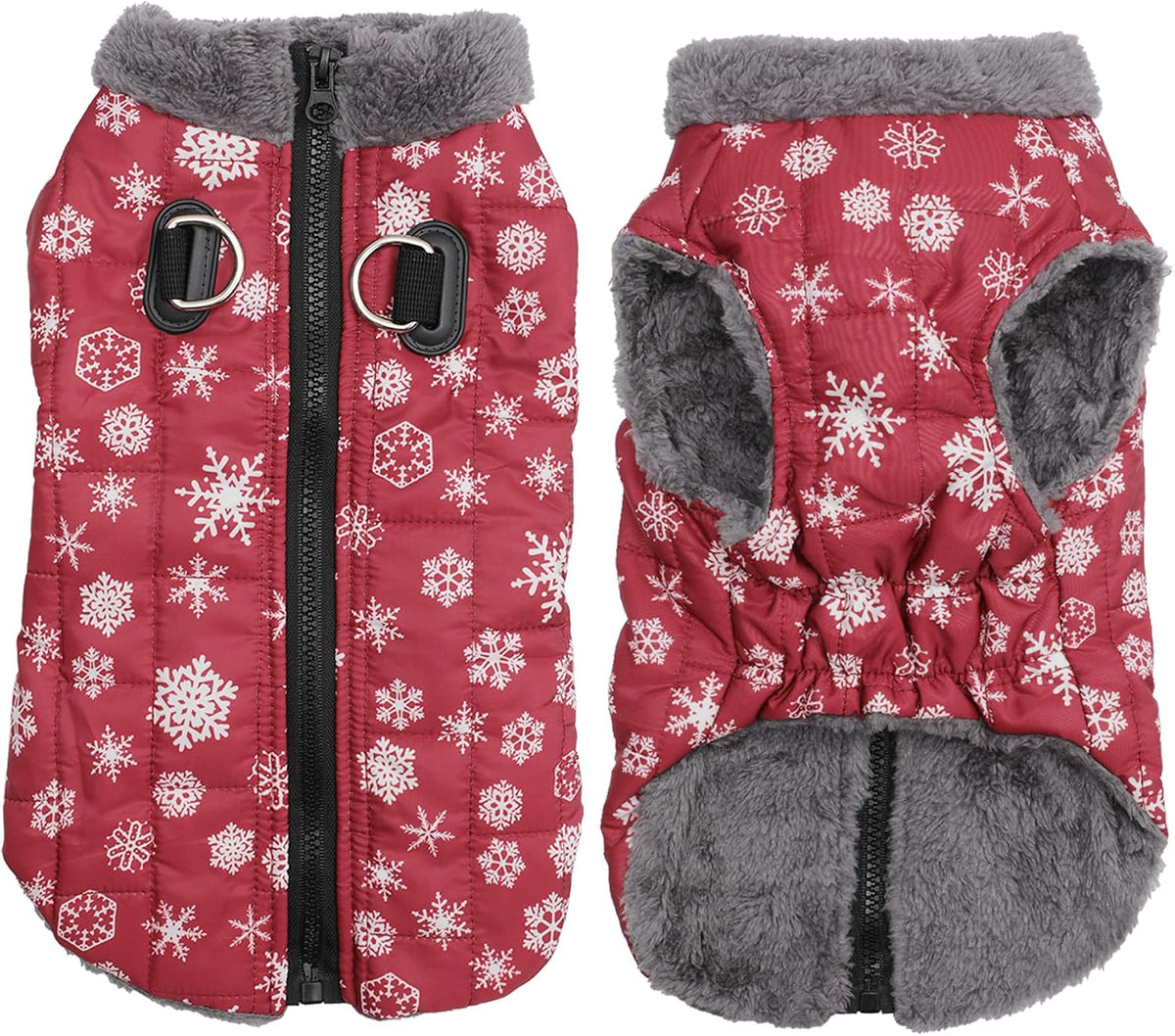 Fleece Dog Jacket for Small Dogs, Puppy Coat with Harness - Snow Pattern / X-Large