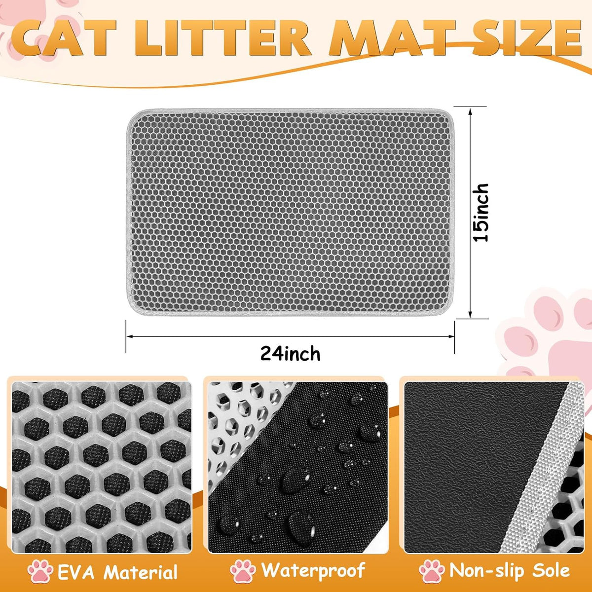 Cat Litter Mat 24"x15", Double Layer Waterproof Litterbox Mat - 24*15 Inch / Gray - image 2
