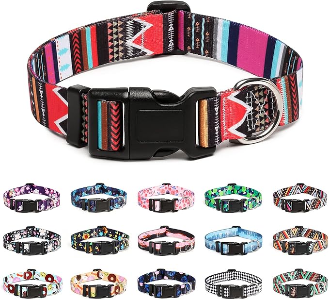 Mercano Adjustable Dog Collar - Special Design Patterns, Soft Nylon Comfortable Durable Pet Collar for Small Medium Large Dogs (L, Tribal Pink)