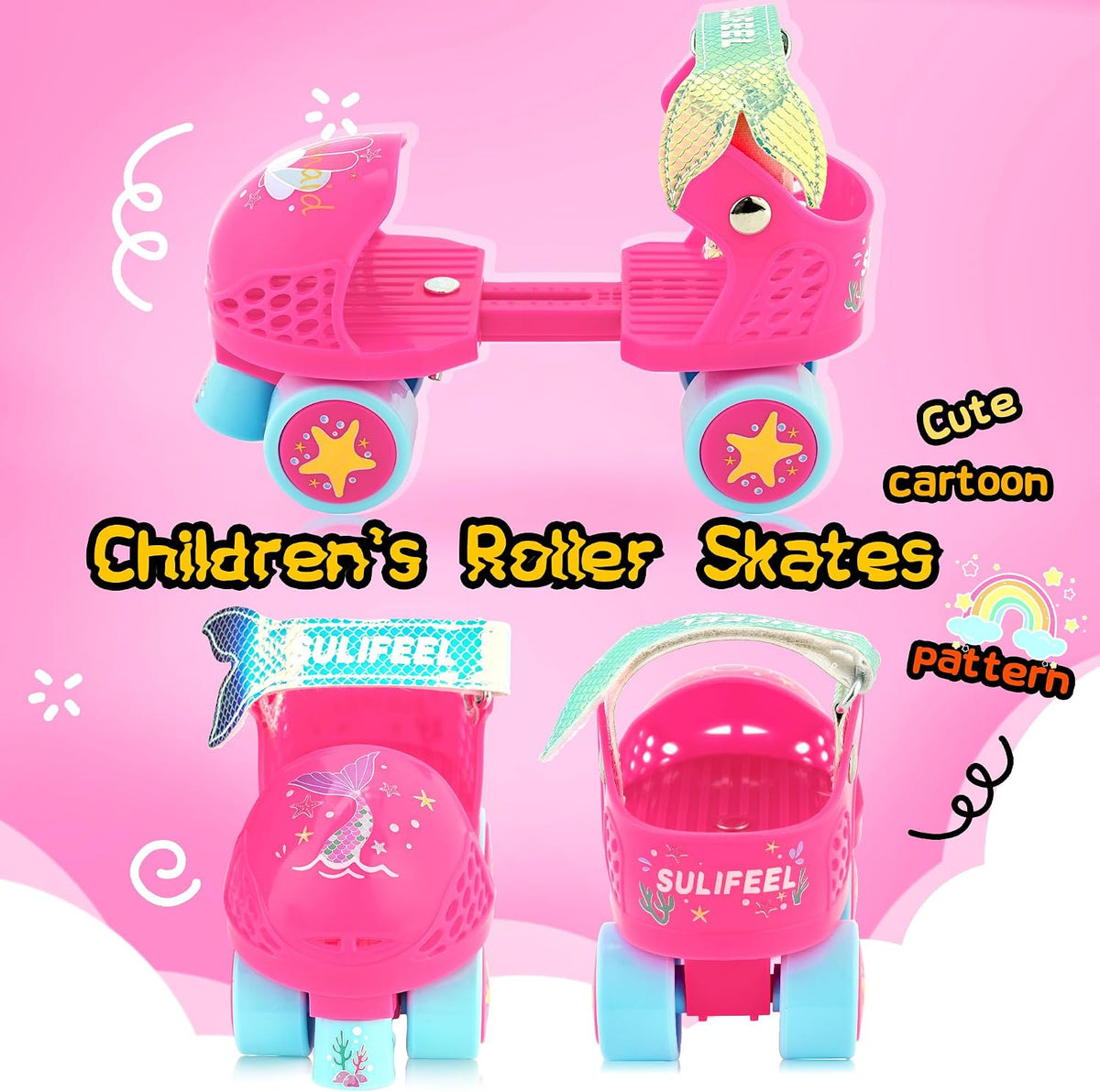 SULIFEEL Kids Adjustable Quad Roller Skates for Girls and Boys – Fun for Kids & Family - Mermaid Pink - image 2