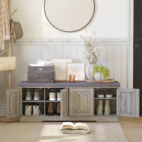 DINZI LVJ Shoe Bench, Entryway Storage Bench with Doors, Cushion, 2-Tier Shoe Rack with 8-Cubby, 47.2”L x 13.8”W Shoe Organizer Cabinet, Adjustable Shelf, Living Room, Bedroom, Gray Wash
