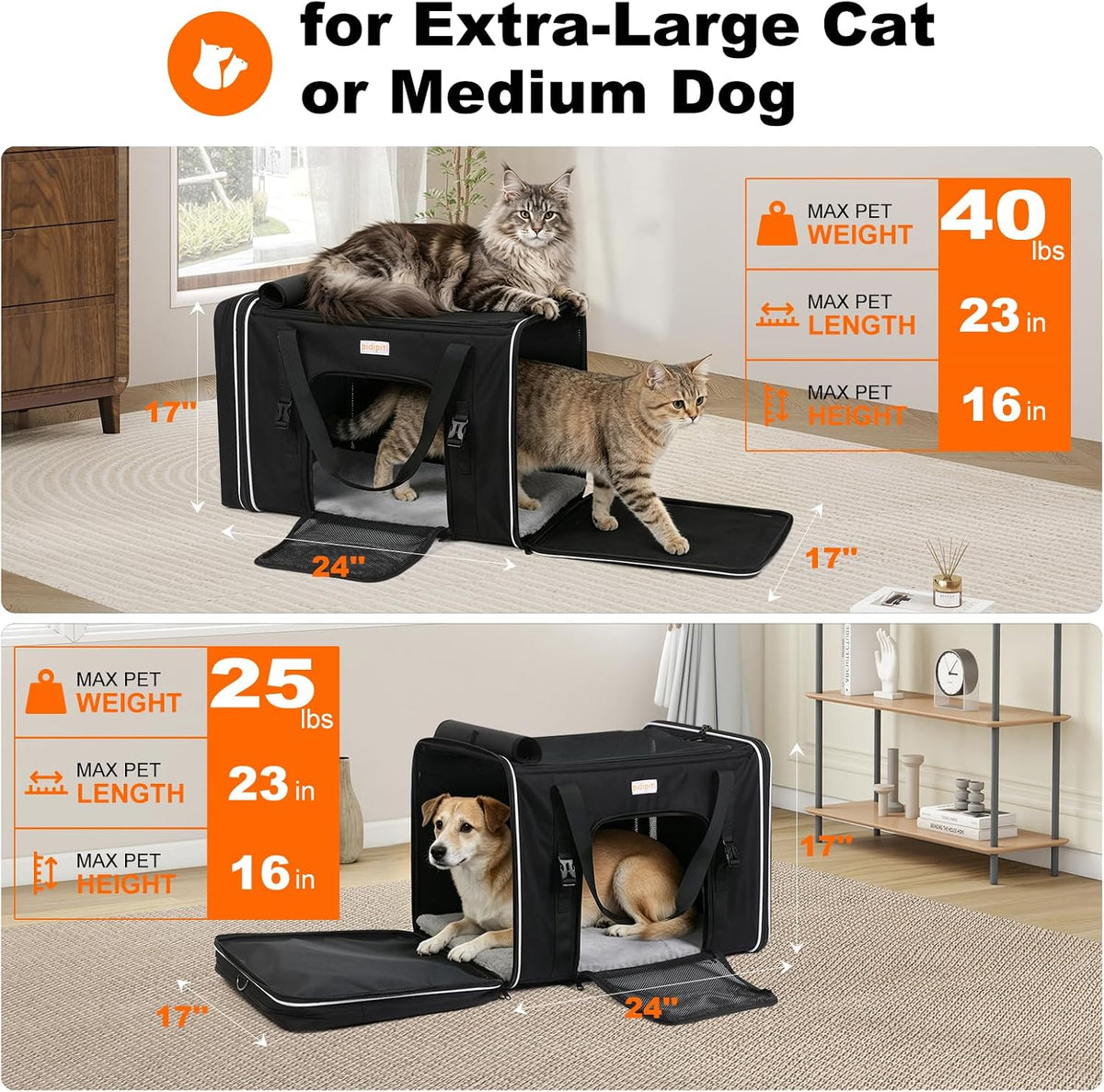 25x17x17 Extra Large Expandable car cat Carrier with a Litter Box – Essentials for Cats - 24.0"L x 17.0"W x 17.0"H / low side litter box - image 2
