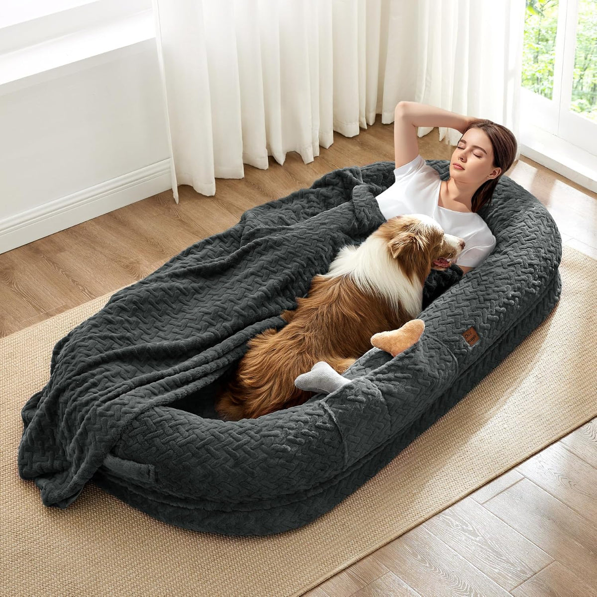 Orthopedic Human Dog Bed, with Faux Fur Washable Cover, Blanket - Dark Grey / Human Dog Bed (72x40x10)