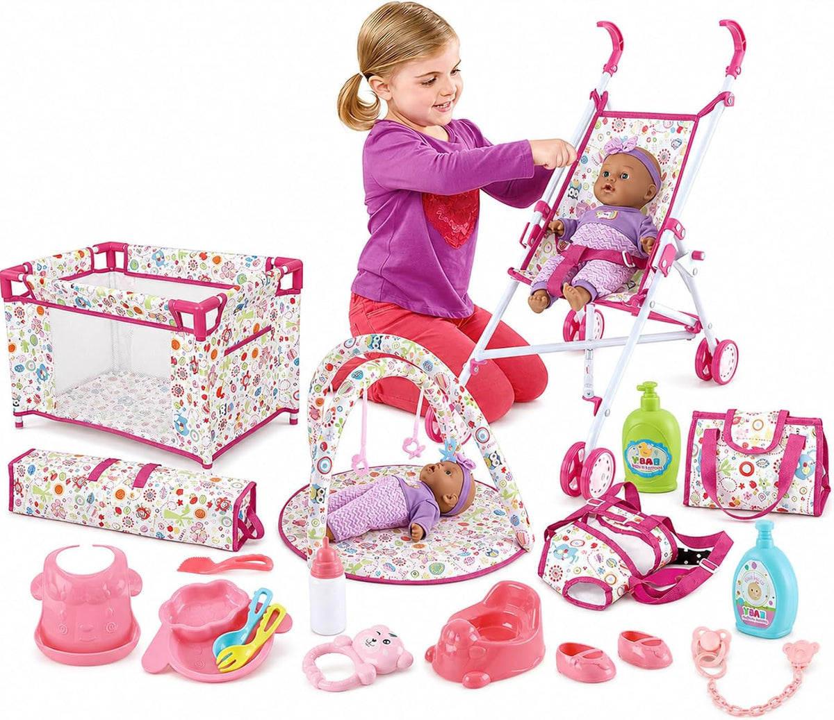 deAO Baby Doll Stroller Nursery Pretend Play Toy Set with Play Mat - Black