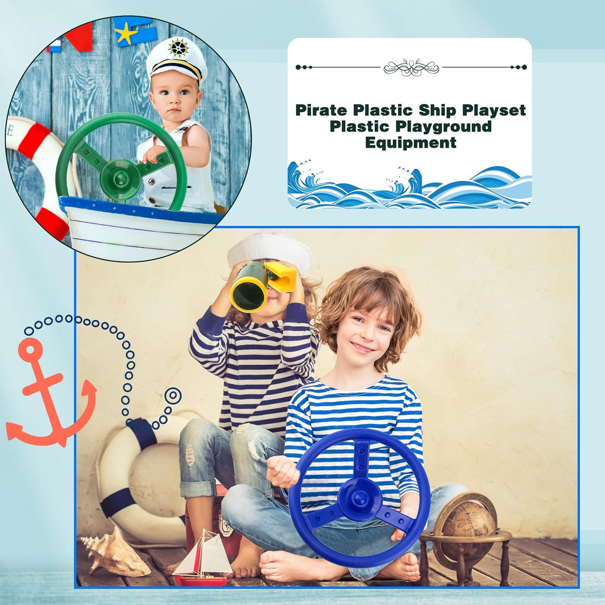 Haconba plastic pirate ship steering wheels for playsets in blue and red with mounting hardware - view 11