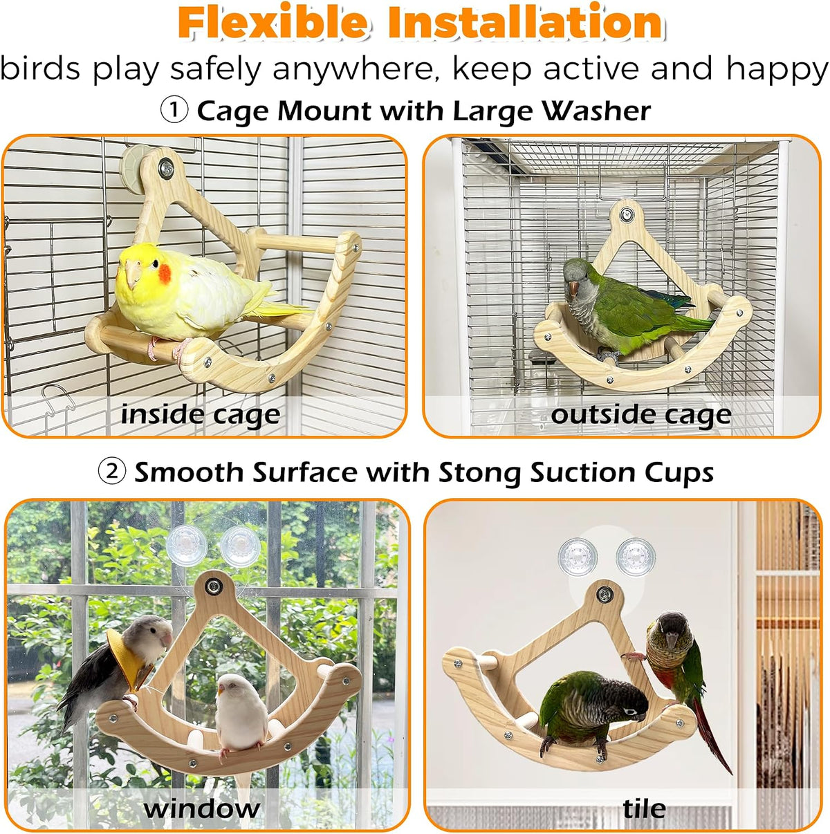 Bird Perch Toy, Wooden Interactive Rocking Parakeet Toys and Perches – Essentials for Birds - Natural Wood / Cage and Suction Cup Installation - image 2