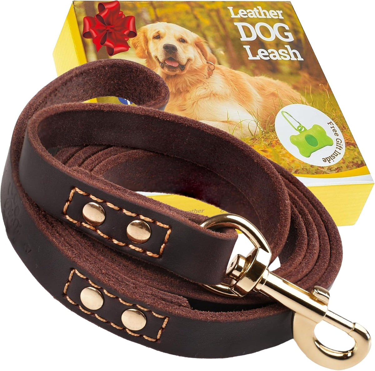 ADITYNA Leather Dog Leash for Large, and Small Dogs - L - 6 ft x 3/4 inch / Brown - Gold Colored Clasp