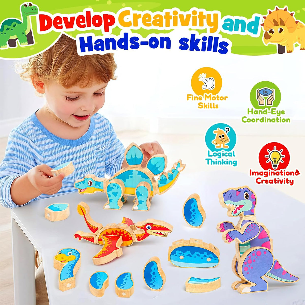 FQKIOMY magnetic wooden dinosaur building blocks in bright colors for kids 3-5 - view 8