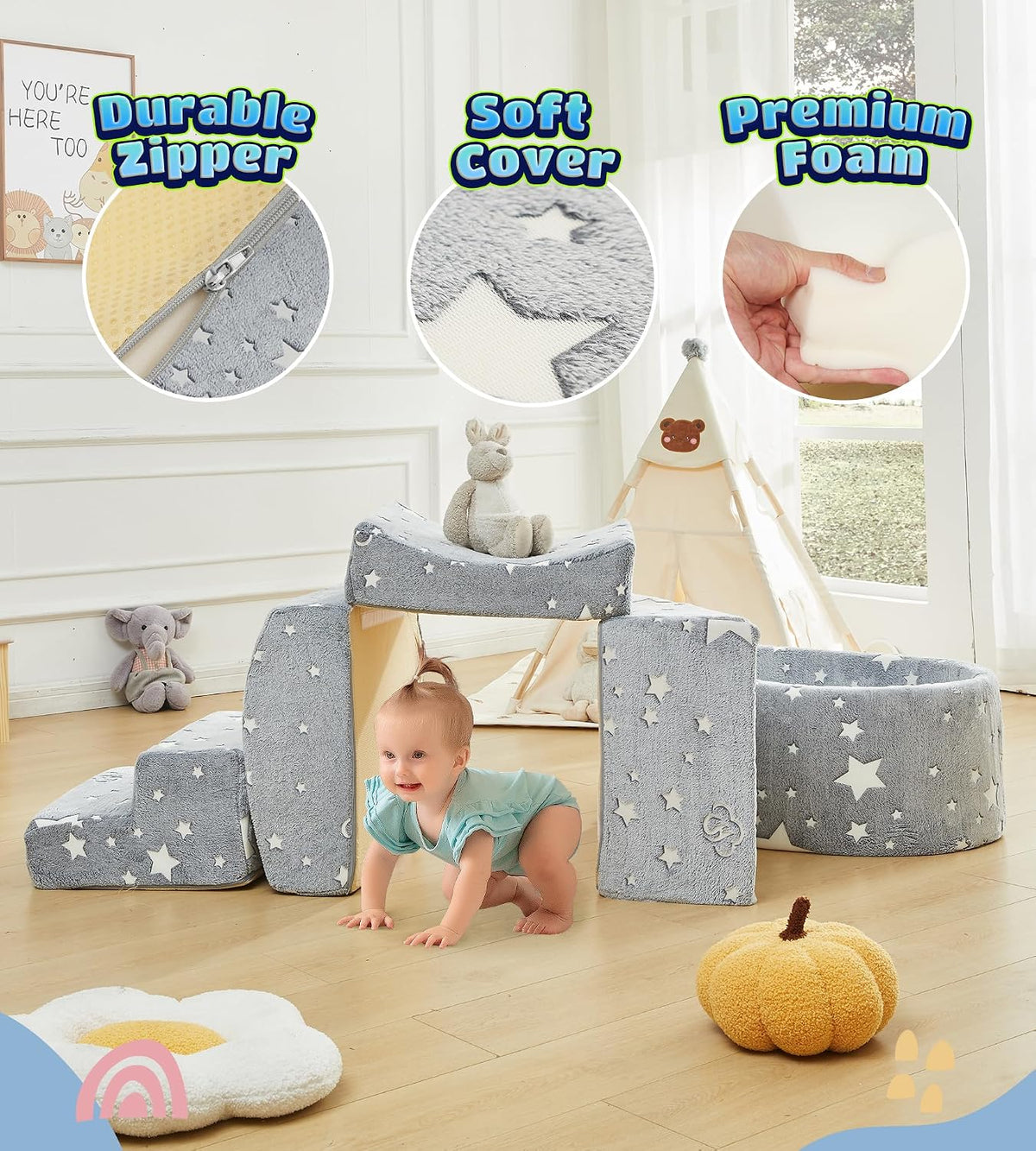Elftopia foam climbing blocks with ball pit, stair climber and triangle wedge in beige - view 11