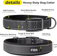 Fida Heavy Duty Dog Collar 1.5” Width, Ultra Soft Neoprene Padded, Adjustable Reflective Nylon Pet Collar with Two Metal Pin Belt Buckle for Large/X-Large Breeds (XL, Black)