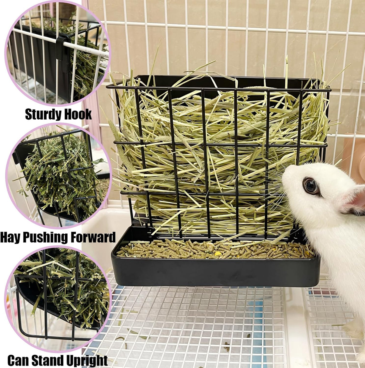2PCS Rabbit Hay Feeder Guinea Pig Hay Feeder with Heavy-Duty Metal - Large / Black - image 4