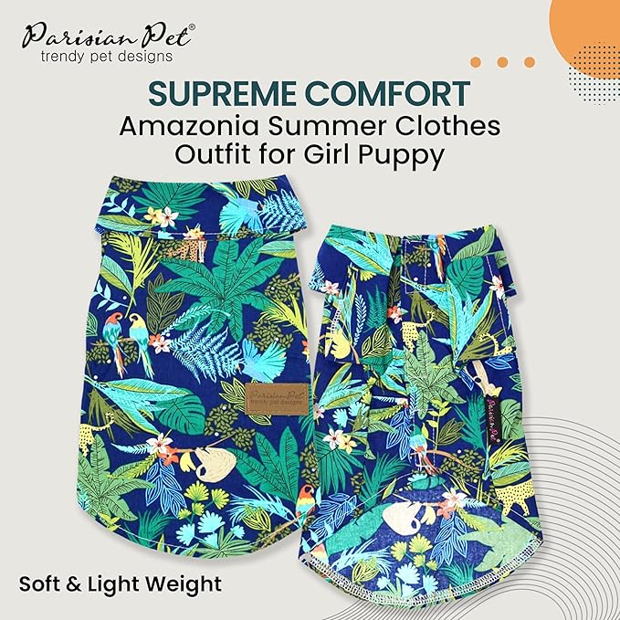 Parisian Pet Unisex Amazonia Shirt - Leafy Beach Outfit for Dogs - Cotton Summer Clothes - Stylish Hook and Loop Closure Costume - Machine Washable Shirts for Large Dogs - 2XL