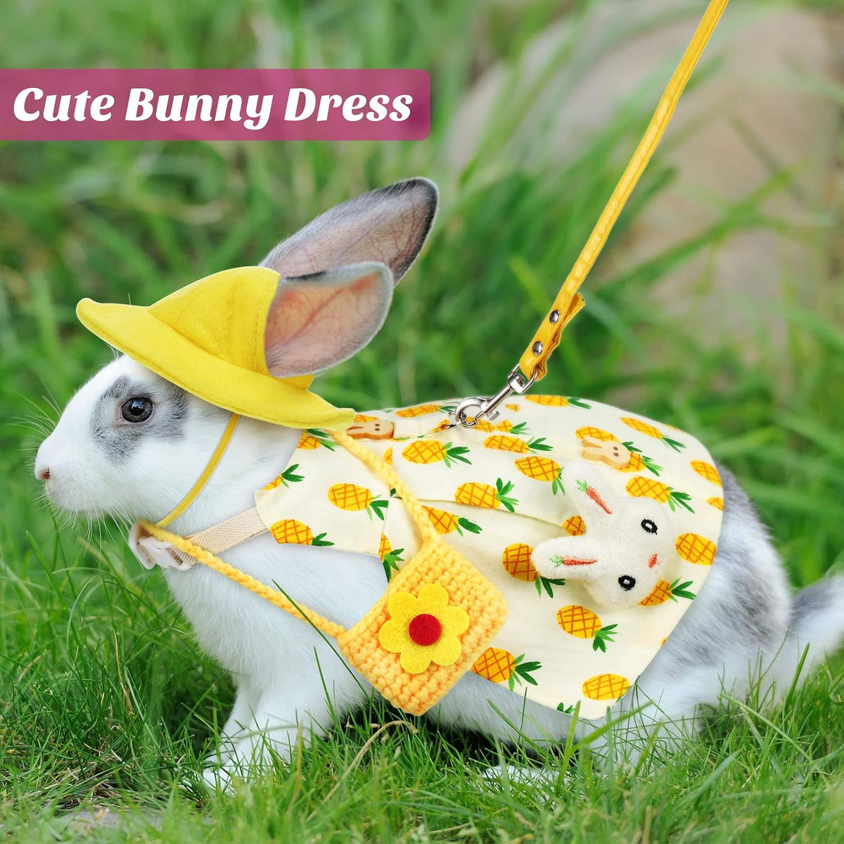 Weewooday 2 sets of rabbit clothes with harness, leash, hat and mini bag in cherry and pineapple pri - view 3