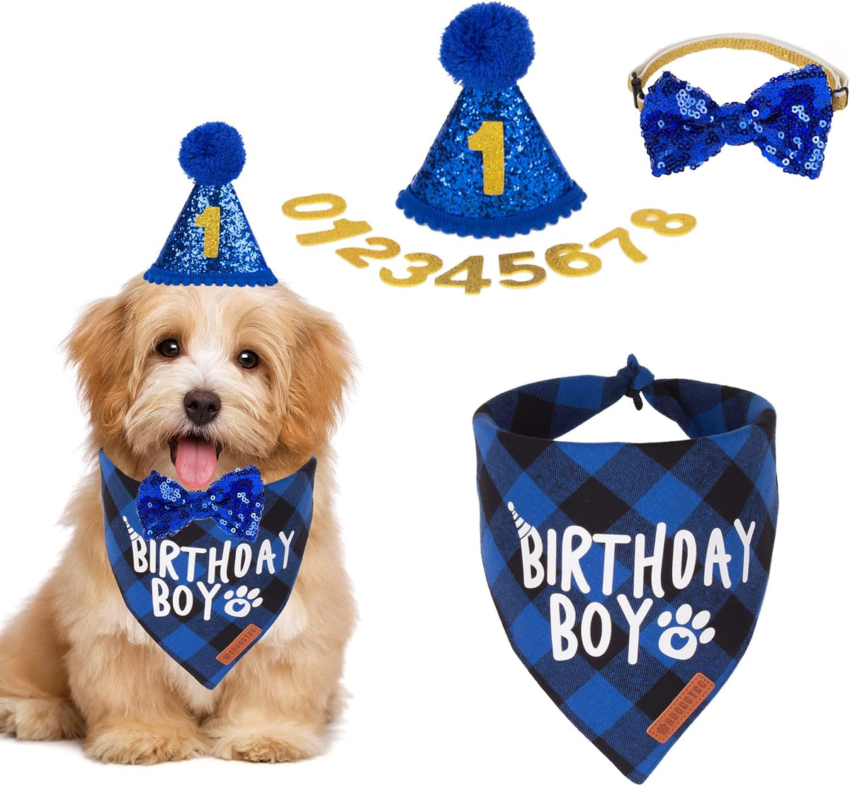 Dog Birthday Hat Bandana Set, Blue Plaid Boy Dog Bandana - Small / Blue