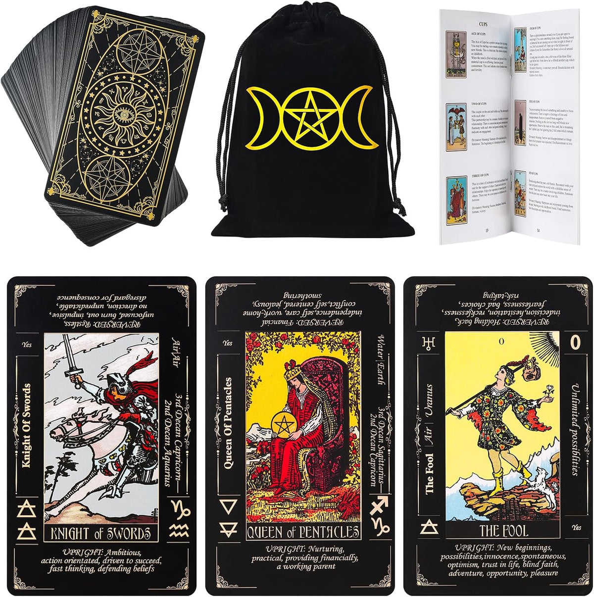 Fofeadm Tarot Cards with Guide Book & Linen Carry Bag - Black Tarot Cards