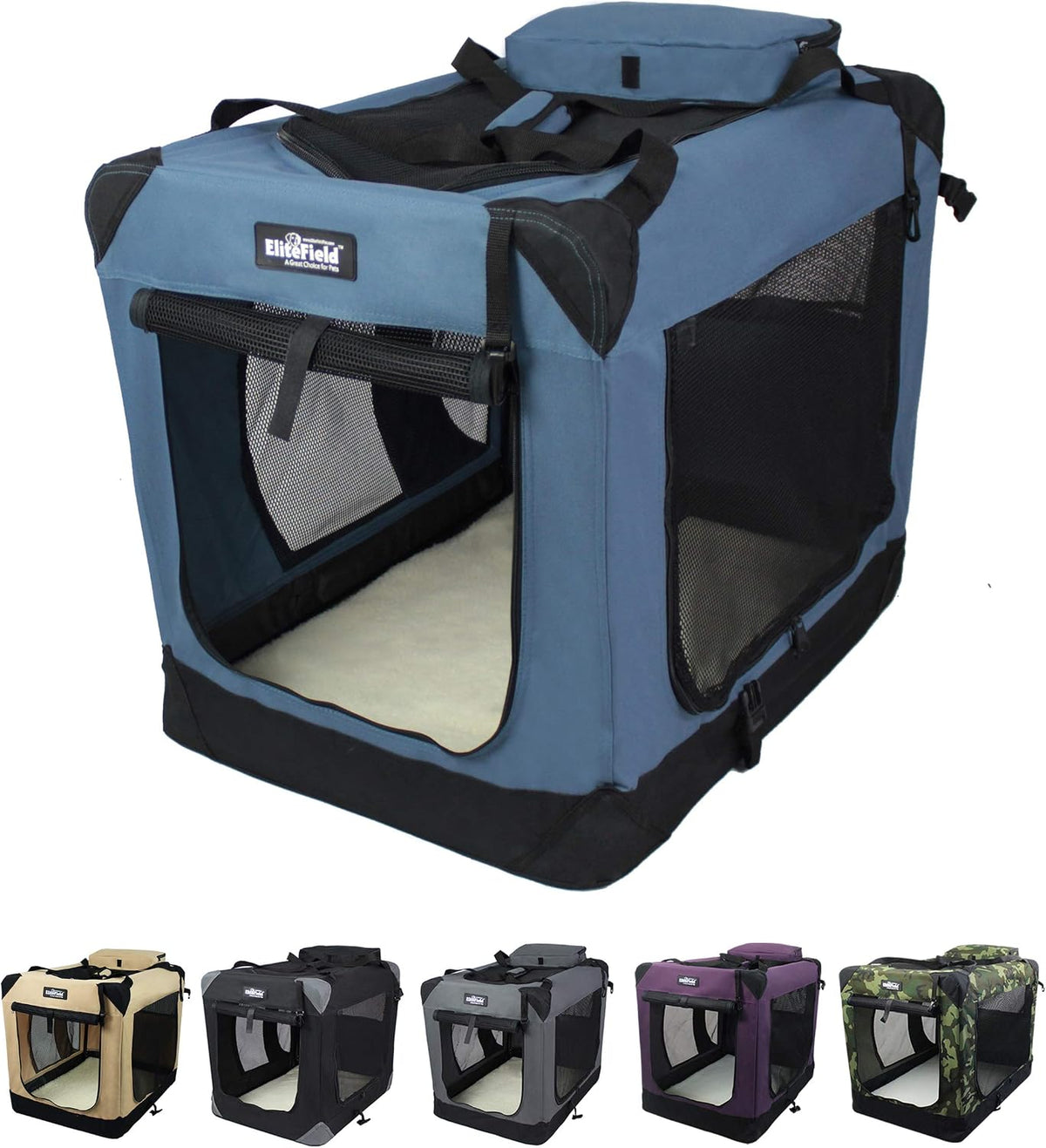 EliteField 3-Door Soft Dog Crate with Bed & Carrying Bag – Essentials for Dogs - Blue Gray / 30.0"L x 21.0"W x 24.0"H