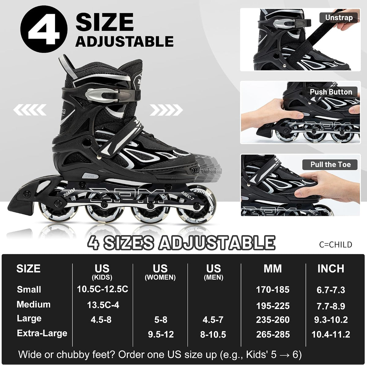2PM SPORTS Adjustable Inline Skates for Kids, Youth and Adults - Silver / Large - Youth (4.5-8 US) - image 2