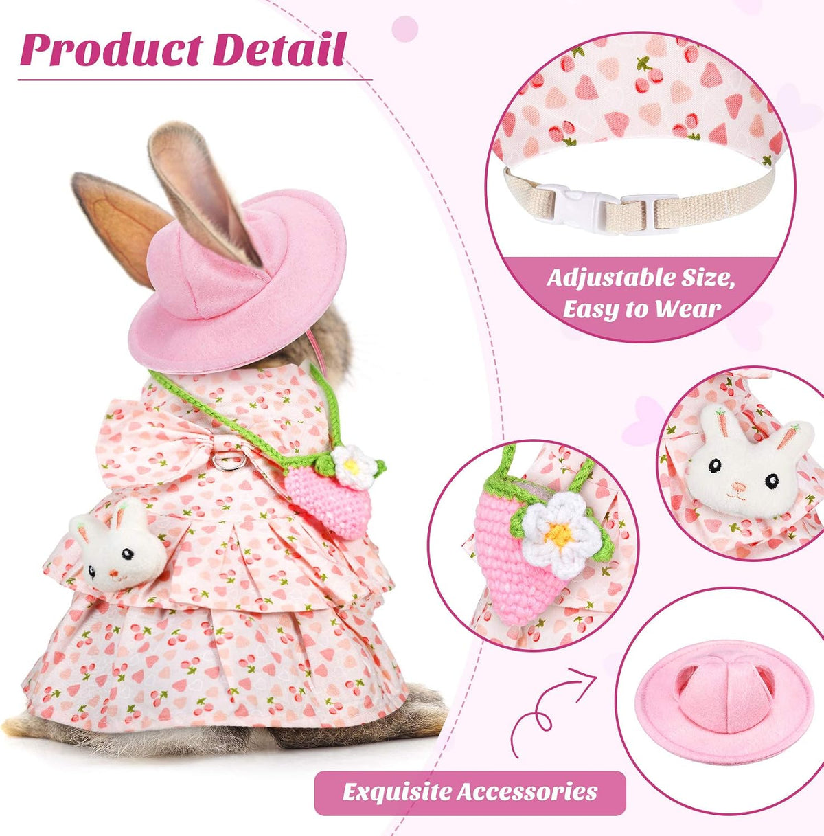 Weewooday 2 sets of rabbit clothes with harness, leash, hat and mini bag in cherry and pineapple pri - view 2