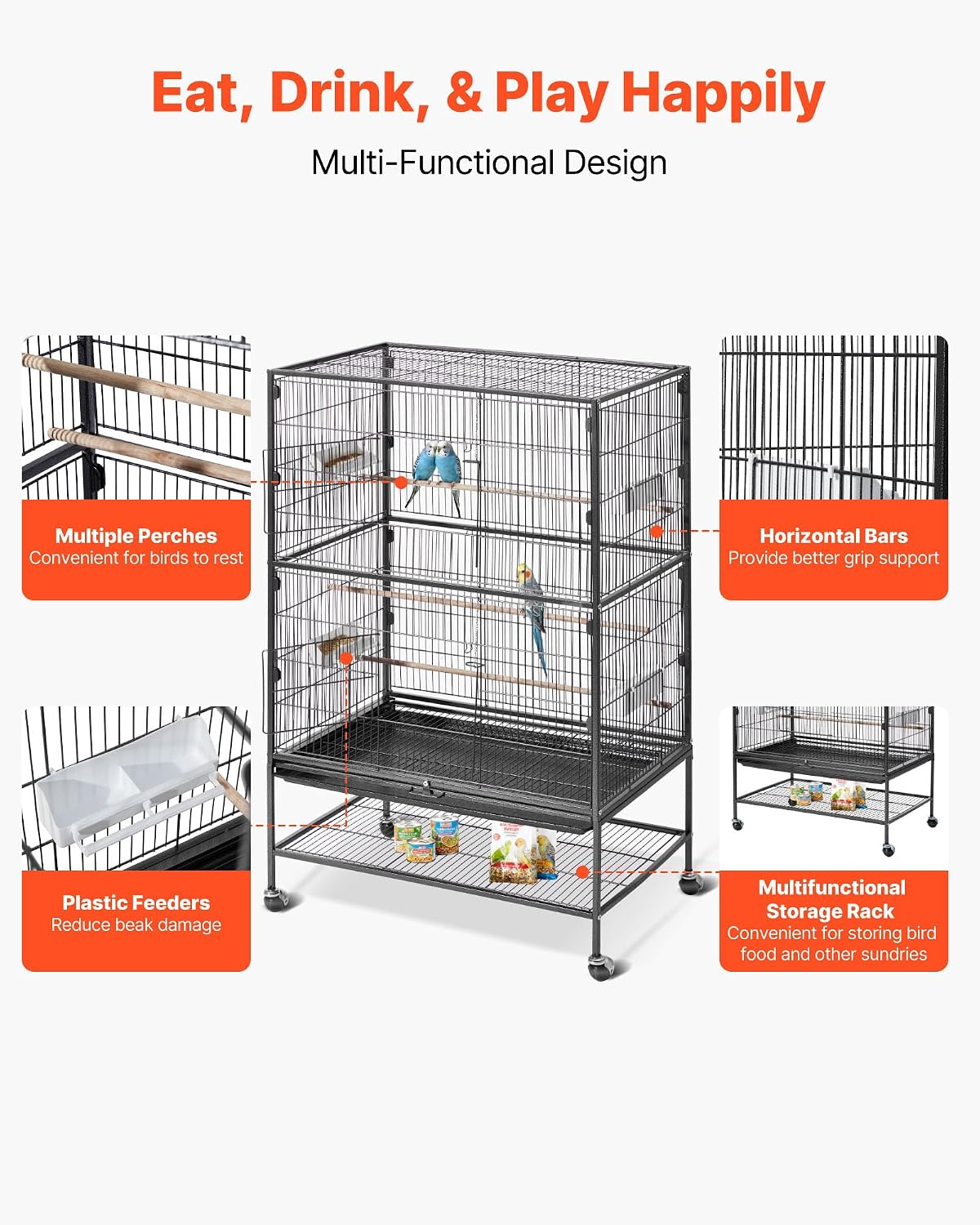 VEVOR Bird Cage, Flat Top - Black / 31.5"L x 20.5"W x 52.0"H - image 4