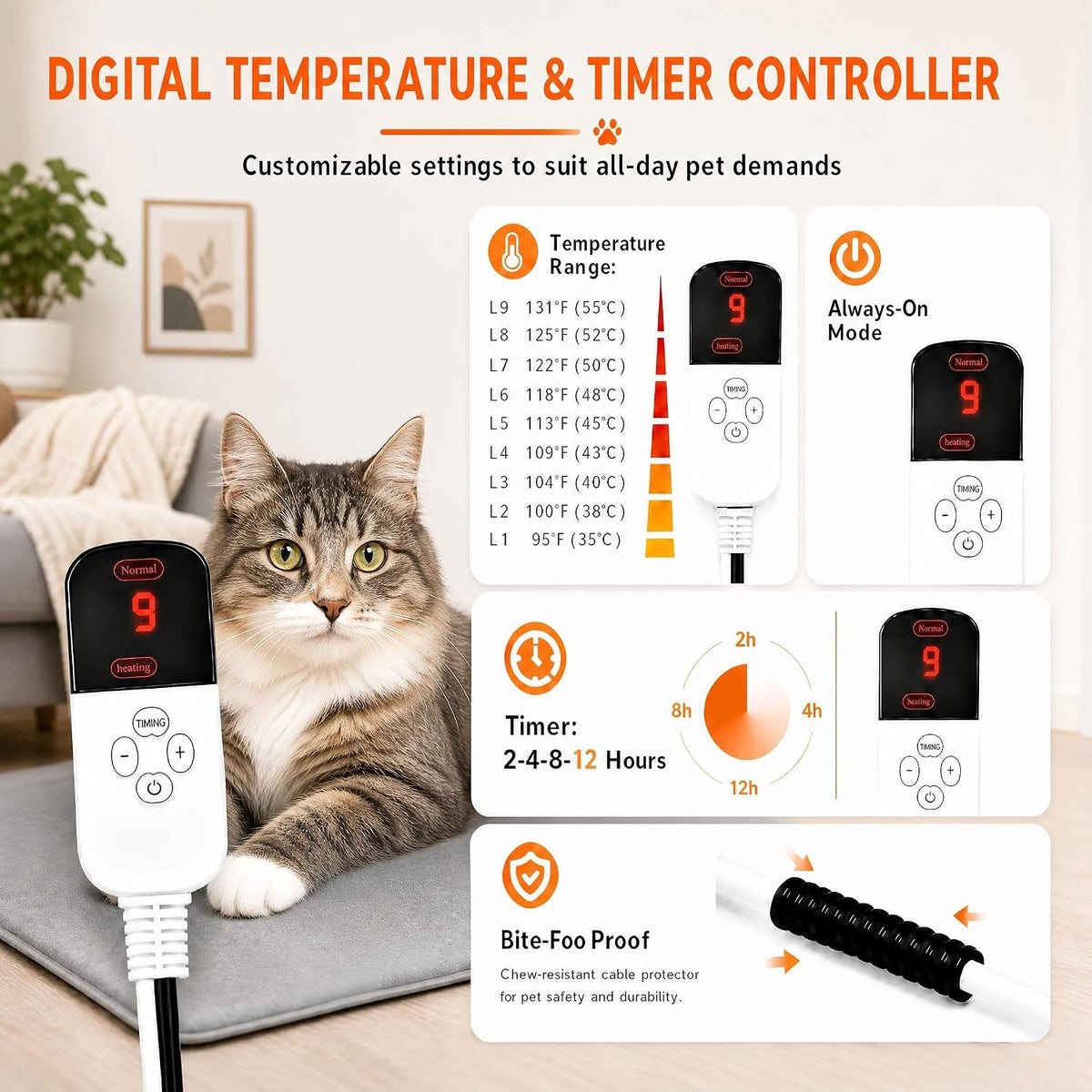 Cat Heating Pad, Heated Cat Bed with 9 Temp Setting & 4 Timer 18"*18" – Essentials for Cats - image 2
