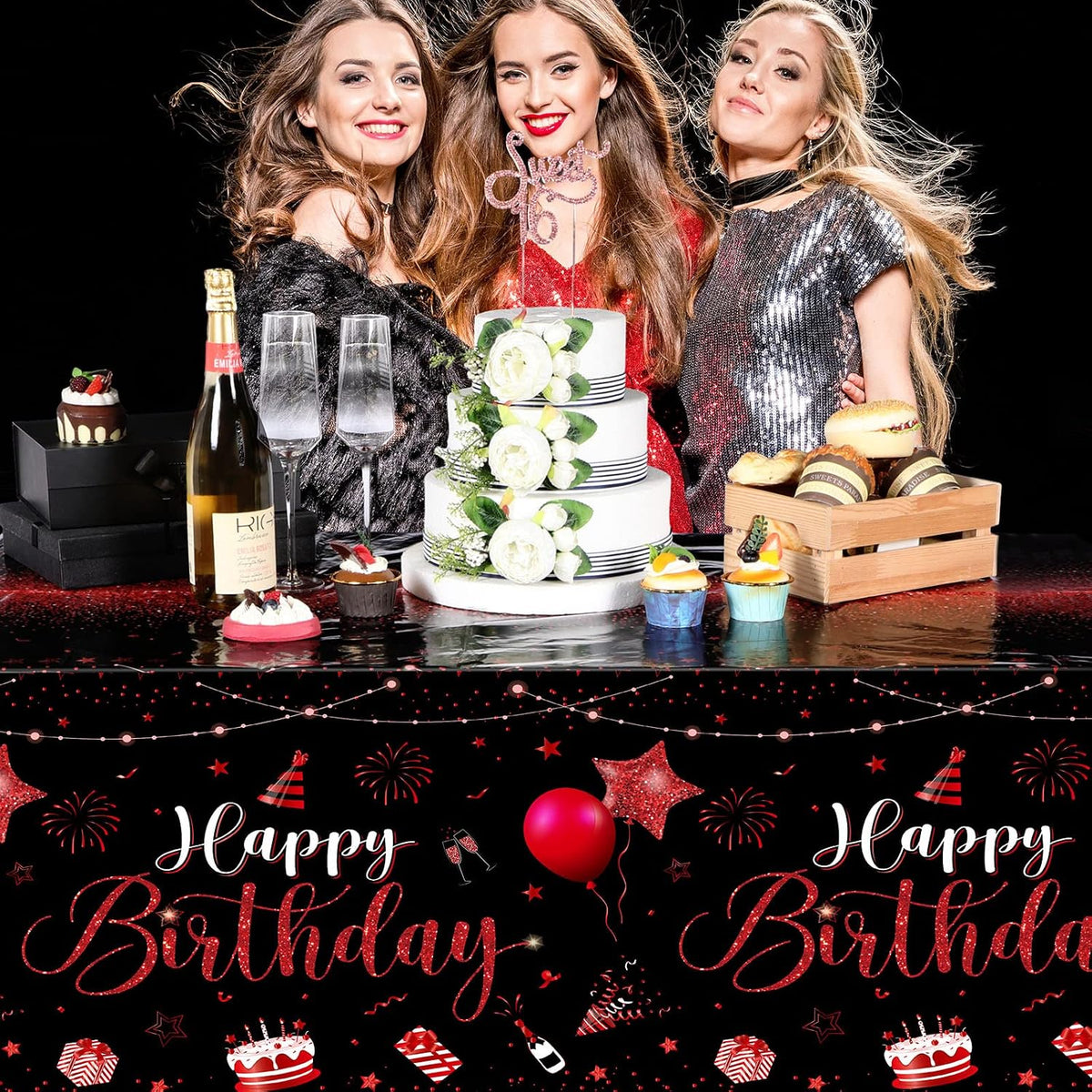 Tudomro 3 Pcs Plastic Happy Birthday Party Tablecloths - Black Red / 6 - image 3