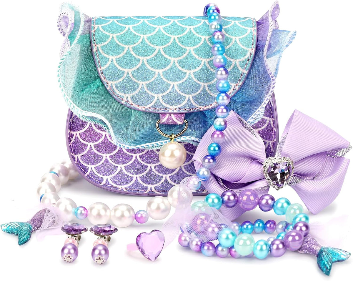 mibasies toddler purse for little girls in rainbow mermaid glitter with tassels and dress up jewelry