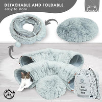 Large Cat Tunnel Bed for Indoor Cats Warm Fluffy Plush Cat Cave Tunnel Bed Collapsible, Washable, 3 Way and Multifunctional with Dangling Balls for Cats, Kittens and Rabbits- Gray