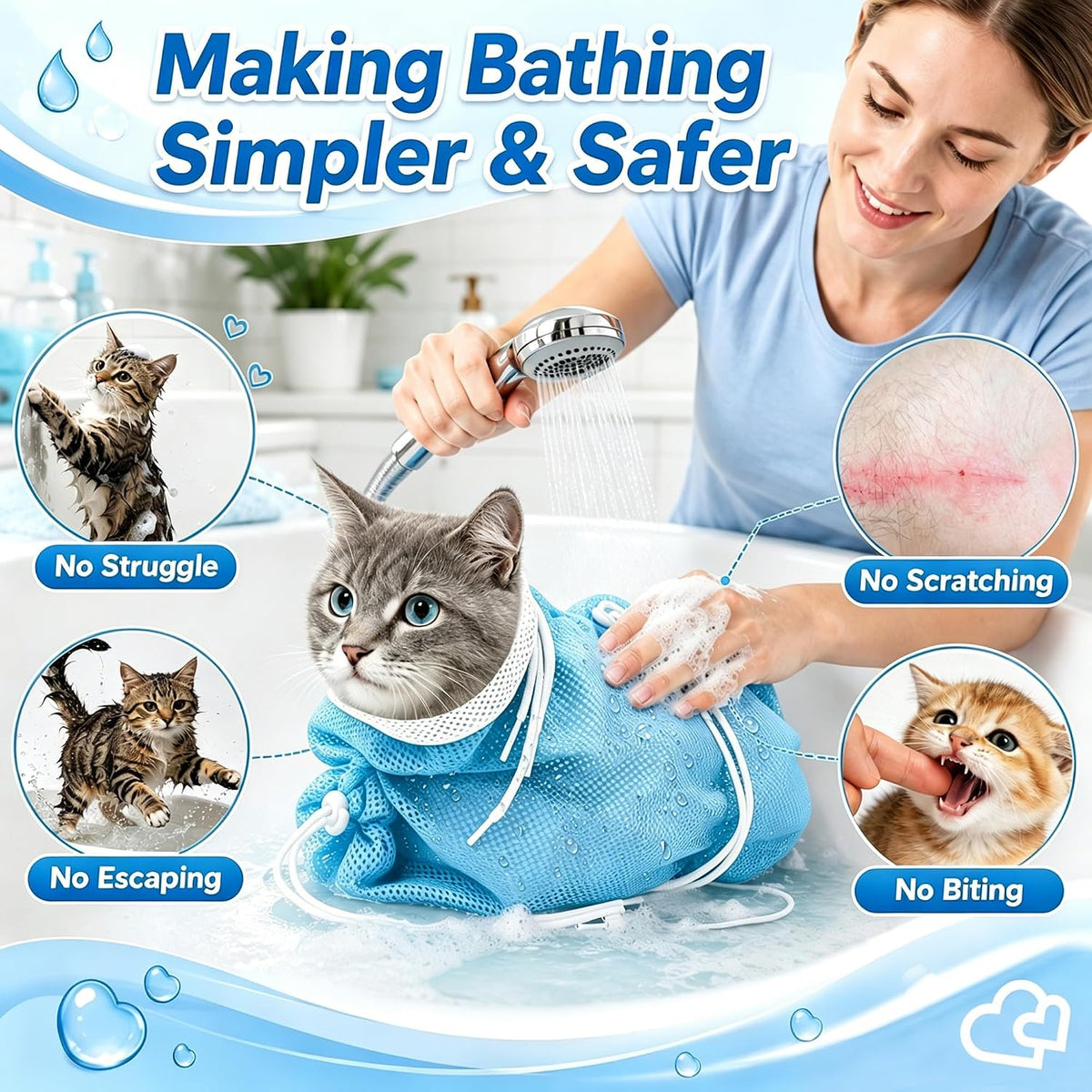 Cat Bathing Bag Anti Scratch Grooming Shower Washing Bag for Nail - White- Blue - image 4
