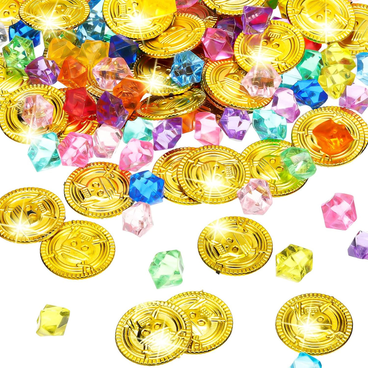 Hanaive 150 Pcs Plastic Pirate Gold Coins Fake Gems Set - Gold / Retro Style
