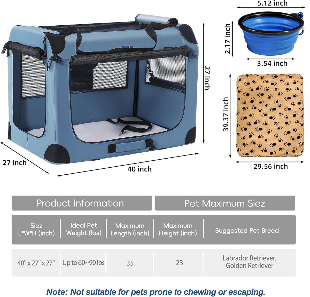 Portable Collapsible Dog Crate - Blue / 40.0"L x 27.0"W x 27.0"H - image 4