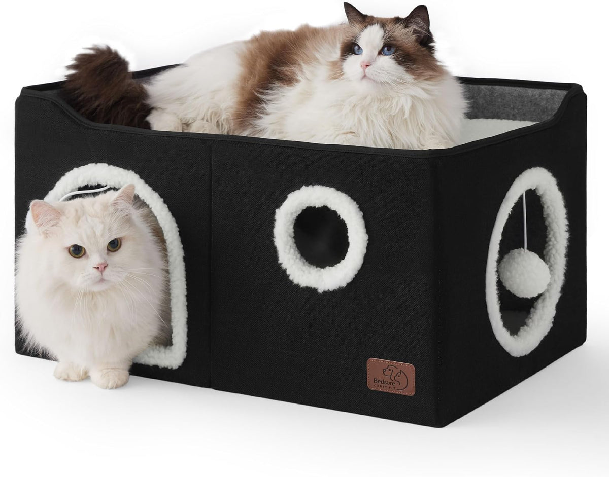 Bedsure Cat House Bed for Indoor Cats with Fluffy Ball and Scratch Pad - Black / Widen