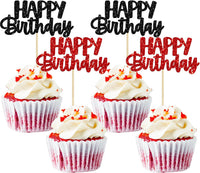 Gyufise 24Pcs Happy Birthday Cupcake Toppers Gold Glitter Celebrating - Black Red