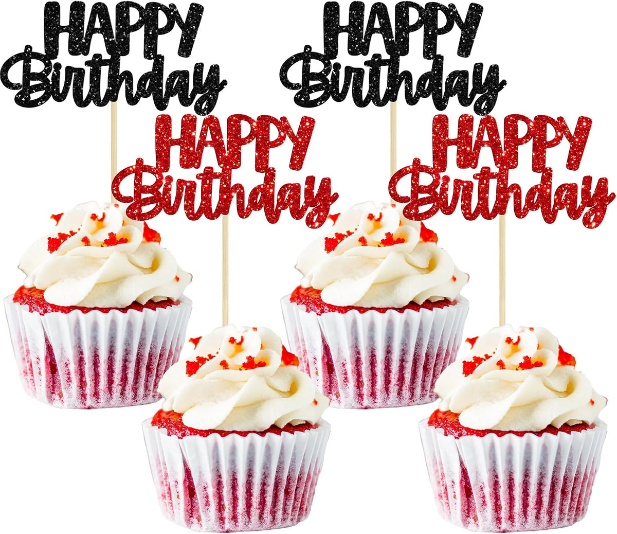 Gyufise 24Pcs Happy Birthday Cupcake Toppers Gold Glitter Celebrating - Black Red