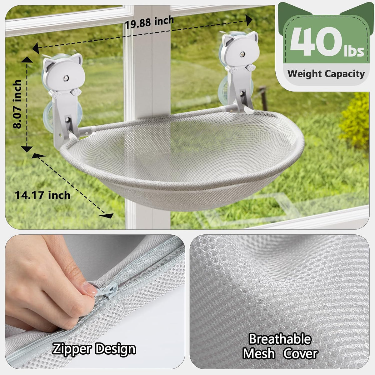 Cat Window Perch Cordless, Foldable & Stable Cat Beds - Mesh Cover / Grey - image 2