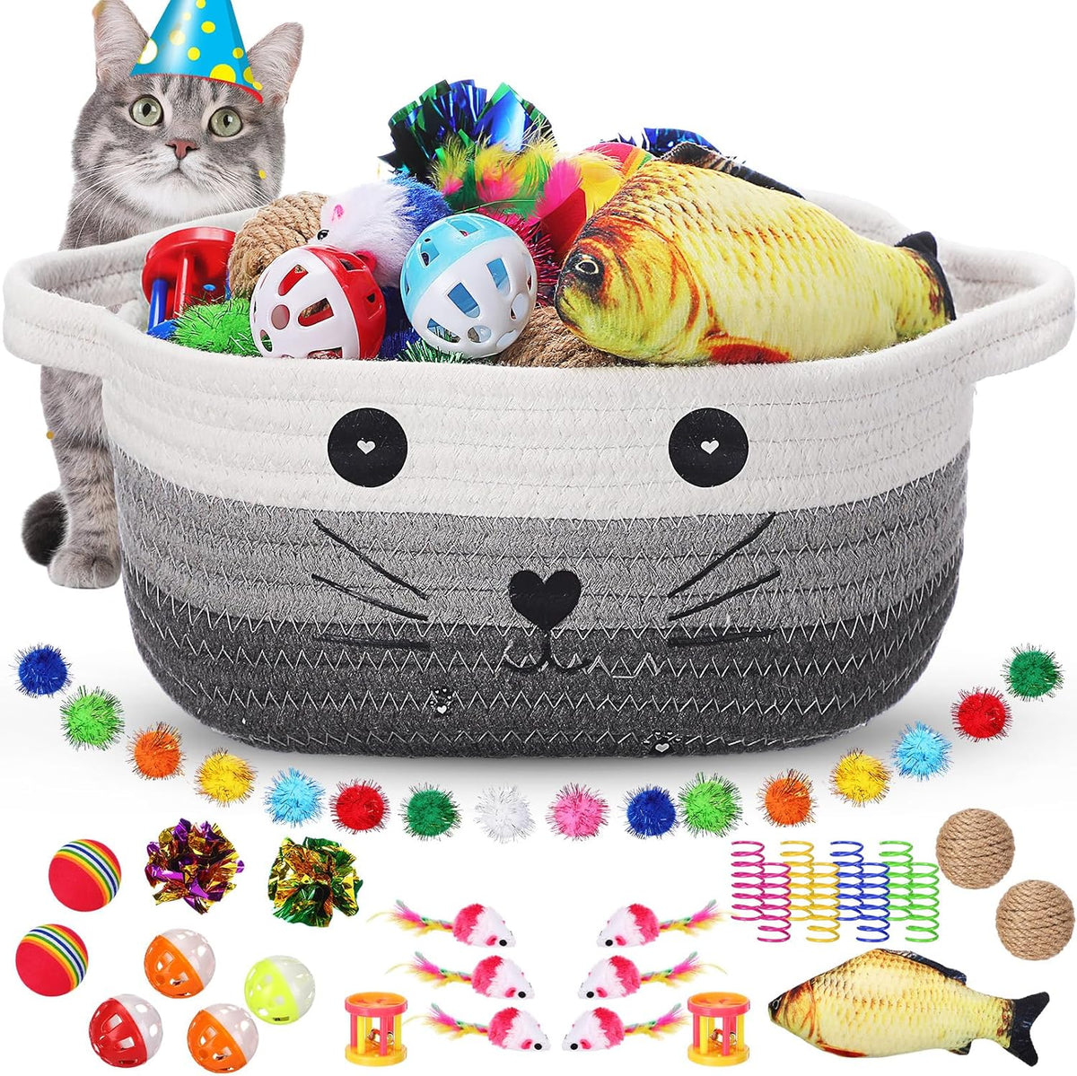 Zopeal 58 Pcs Cat Toy Set with Storage Basket Indoor, Grey - Multicolor / 9.8 Inch