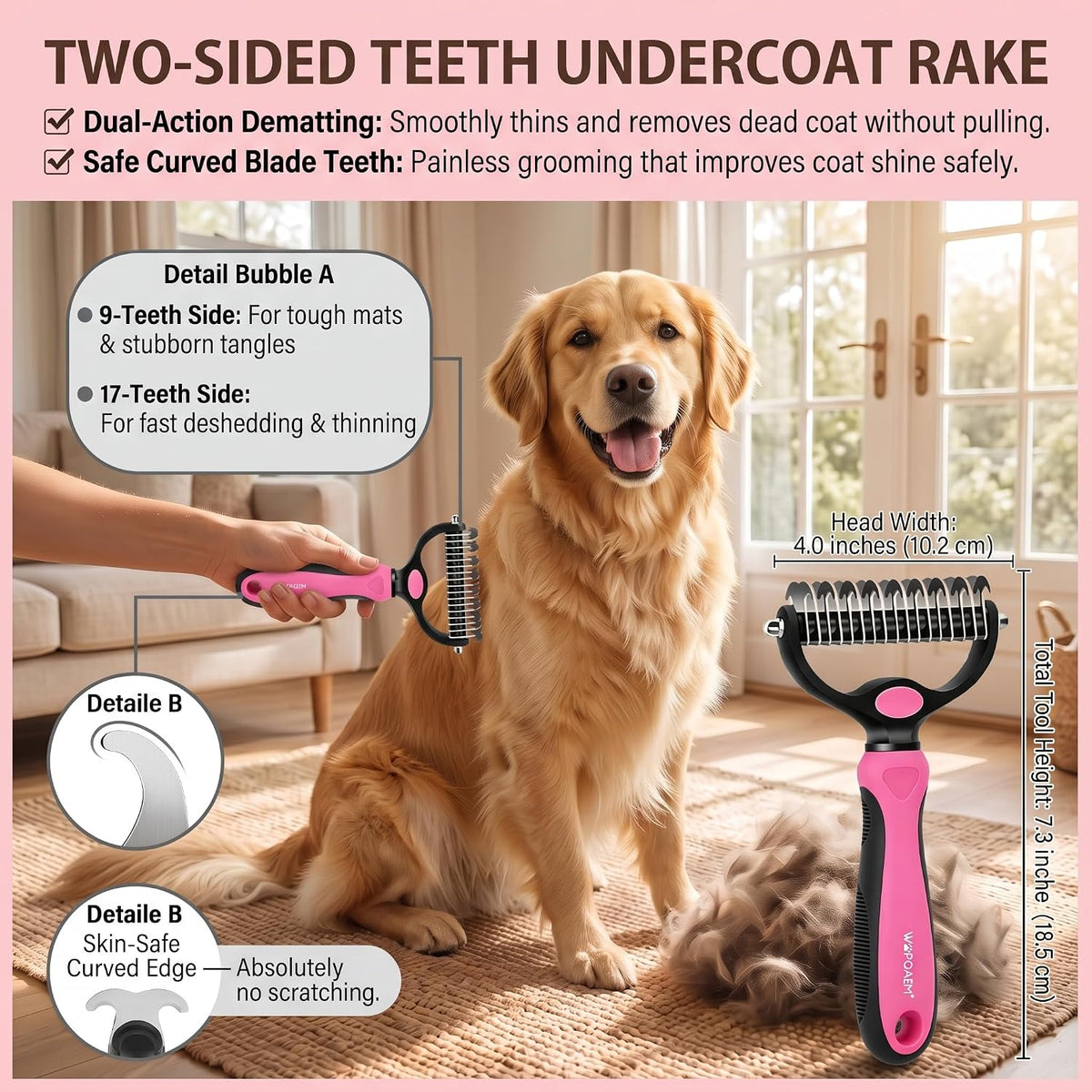 5 PCS Pet Grooming Kit, Dog Brush & Dematting Rake for Long Hair – Essentials for Cats - Pink 5pc - image 3