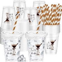 Domensi clear 12 oz Halloween ghost party cups with lids and pink striped paper straws - view 7