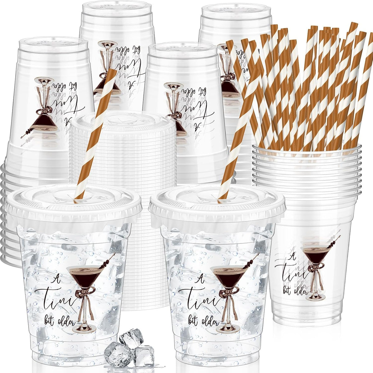 Domensi clear 12 oz Halloween ghost party cups with lids and pink striped paper straws - view 7