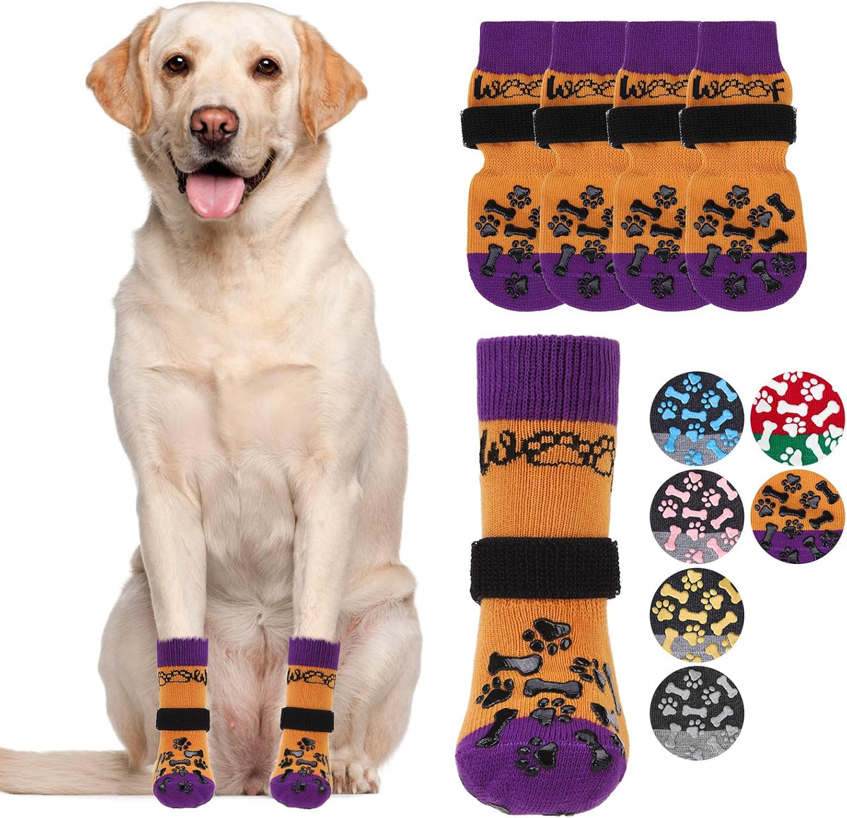 Dog Socks Shoes for Hot Pavement to Prevent Licking Paws - Orange&purple With Woof / X-Large (4 Pack)