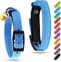 WAUDOG Leather Cat Collar with Bell Elastic Strap Stretchy Kitten - Blue / 8"- 12" Without Holder